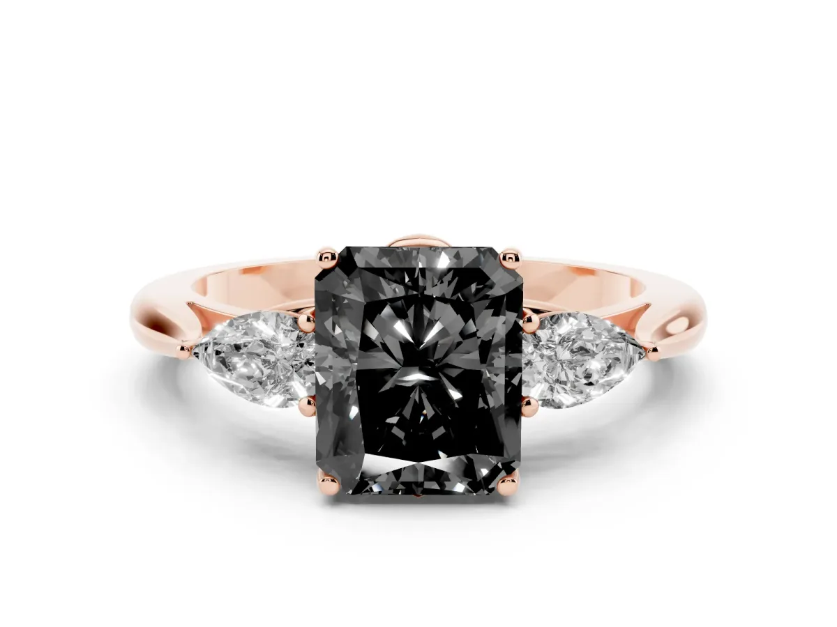 Fancy Black Radiant Cut Diamond Three-Stone Ring with Pear Side Stones and Prong Setting Rose gold