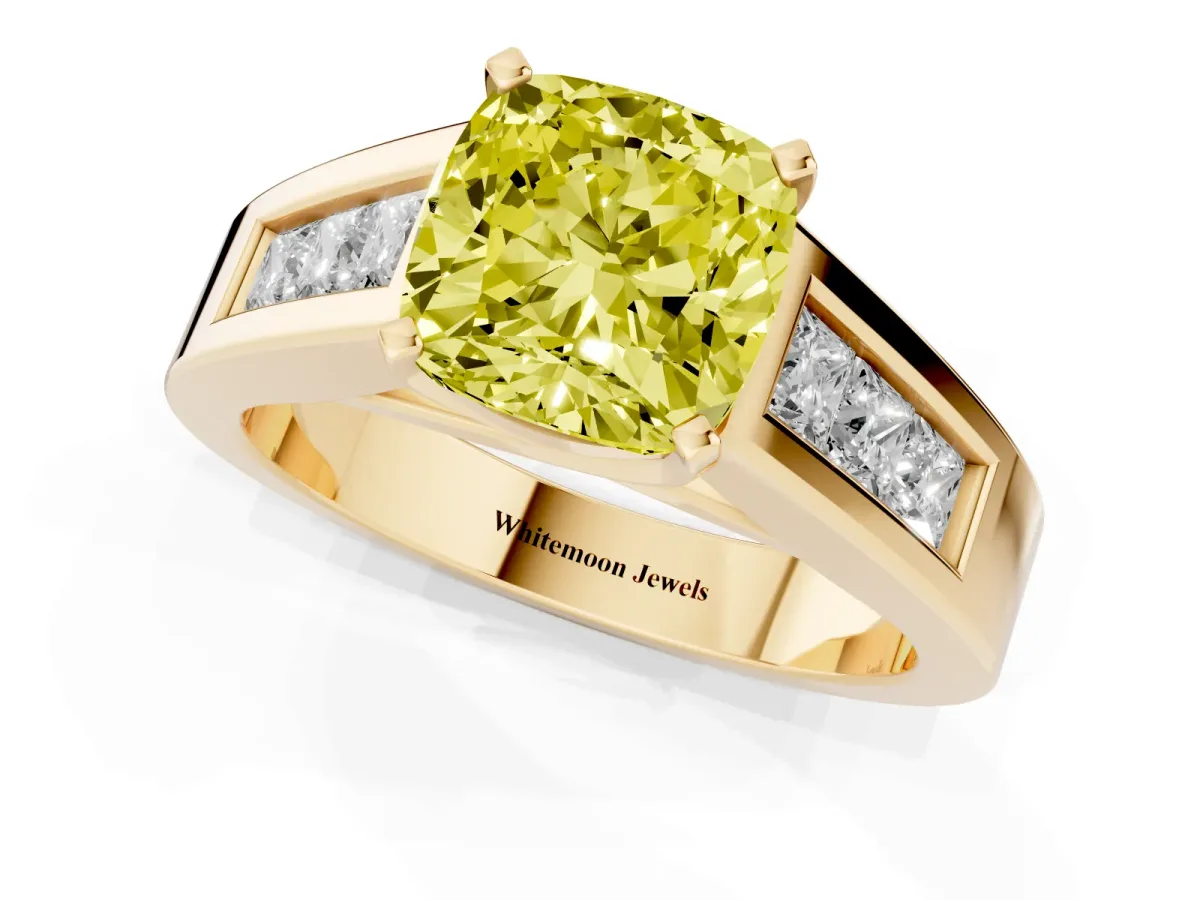 Fancy Yellow Cushion Cut Cut Channel Set Solitaire Ring with Four-Prong Setting Yellow gold