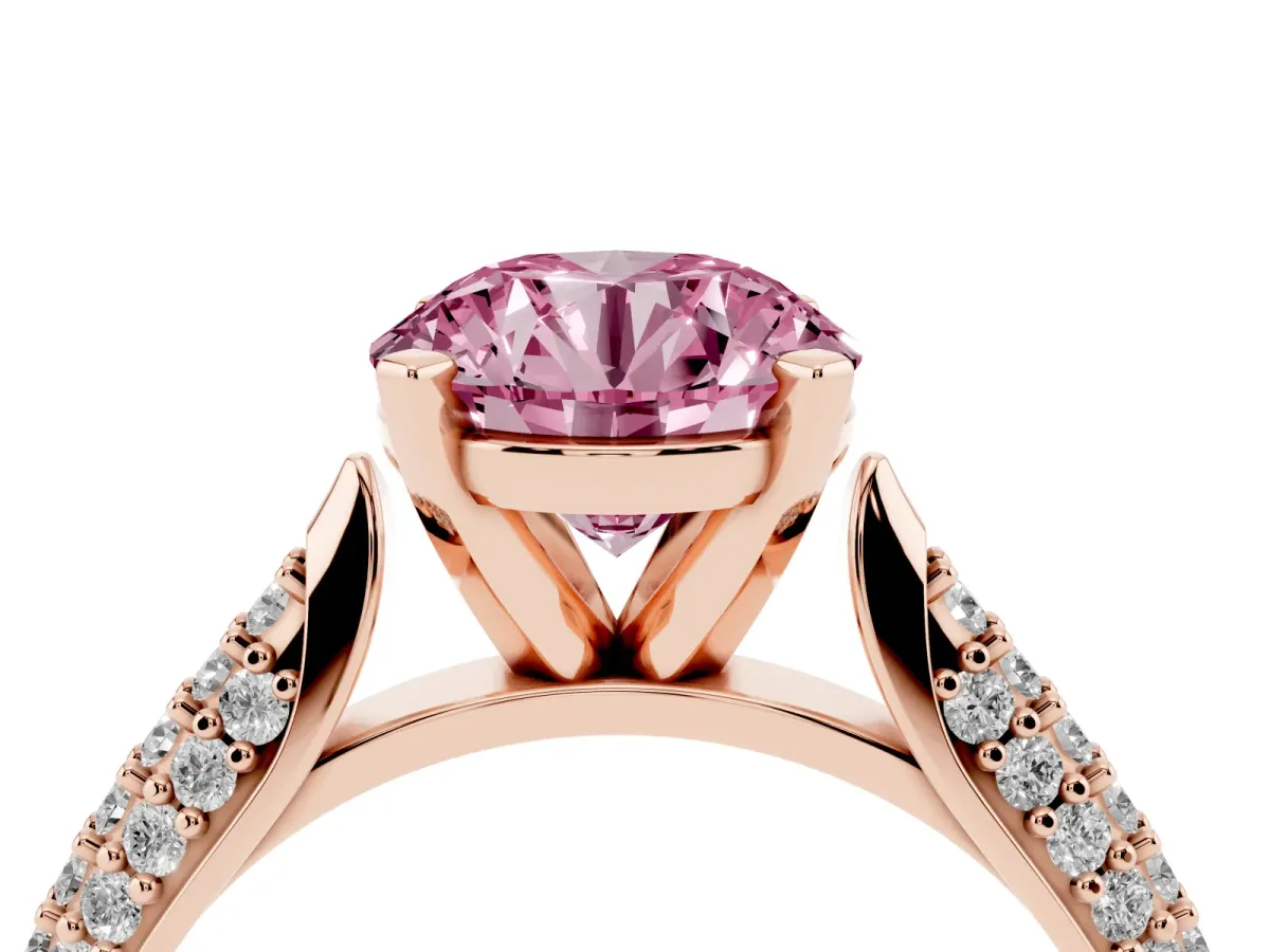 Fancy Pink Round Cut Diamond Solitaire Engagement Ring with Multi-Row Round Pavé Band and Prong Setting Rose gold