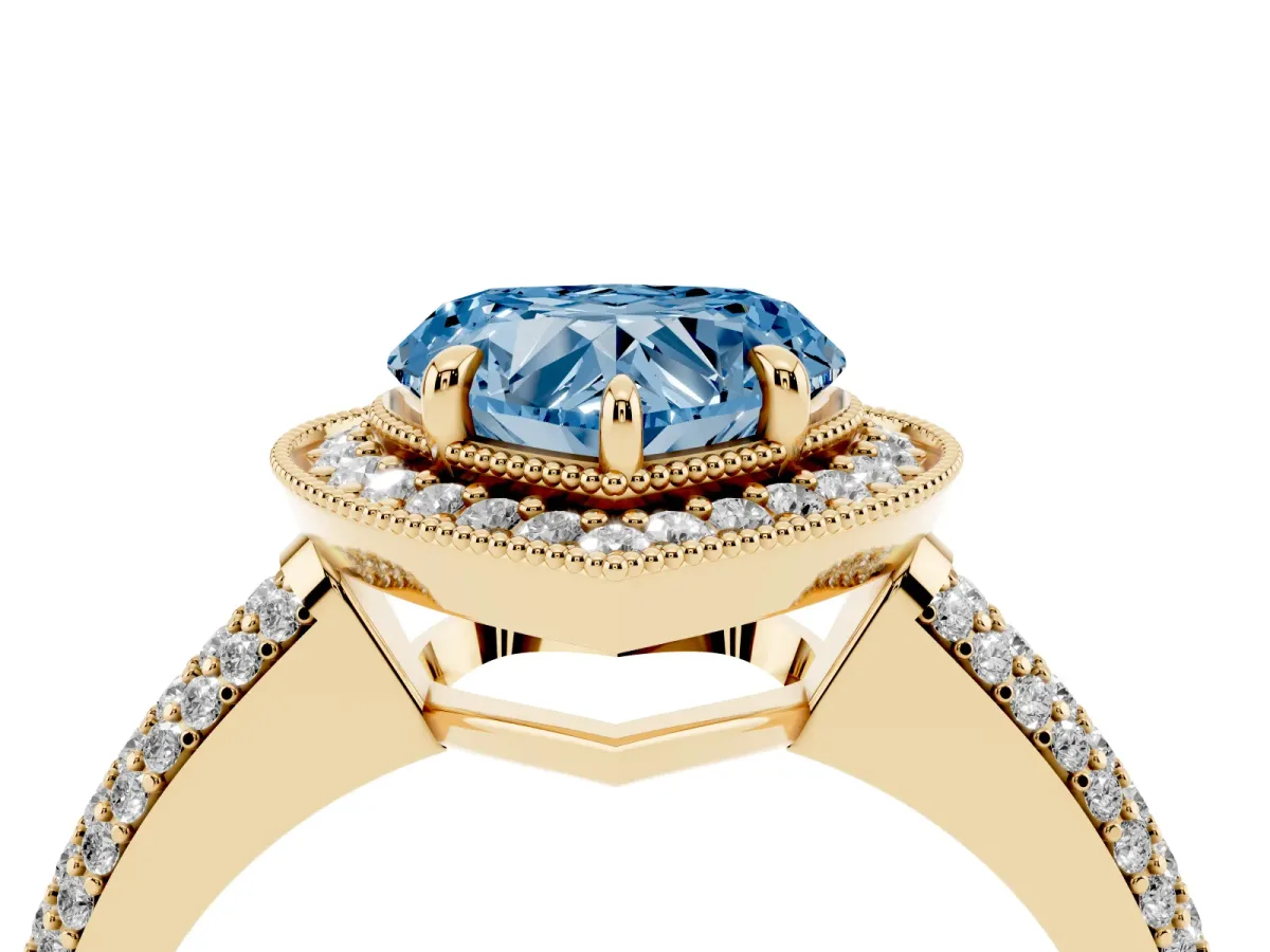 Fancy Blue Heart Cut Cut Halo Diamond Pave Band with Four-Prong Setting Yellow gold