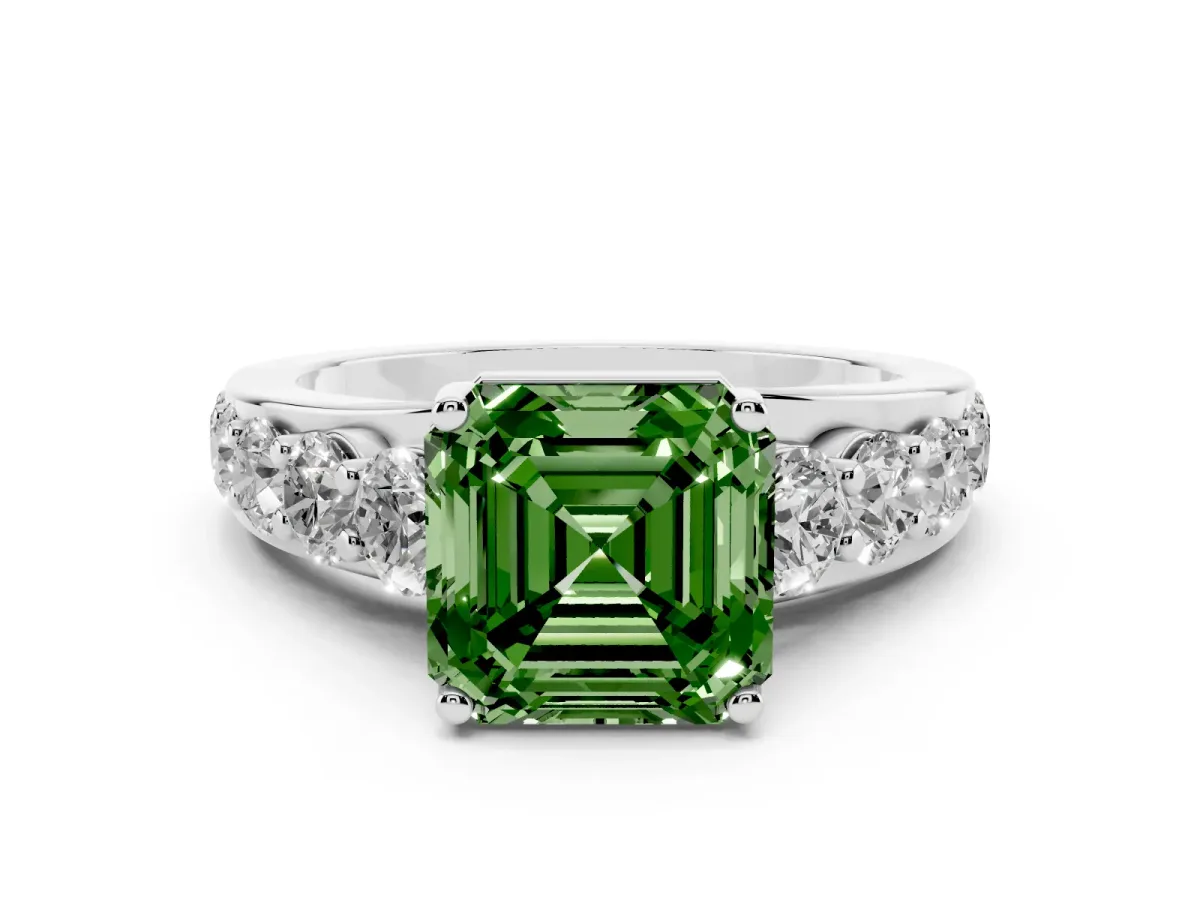 Fancy Green Asscher Cut Diamond Engagement Ring with Pavé Band and Four-Prong Setting Platinum