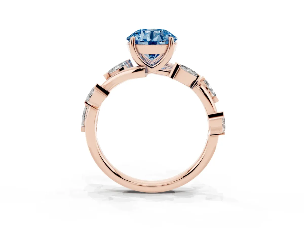 Fancy Blue Round Cut Solitaire Twisted Band Marquise Accent Prong Setting Ring Rose gold