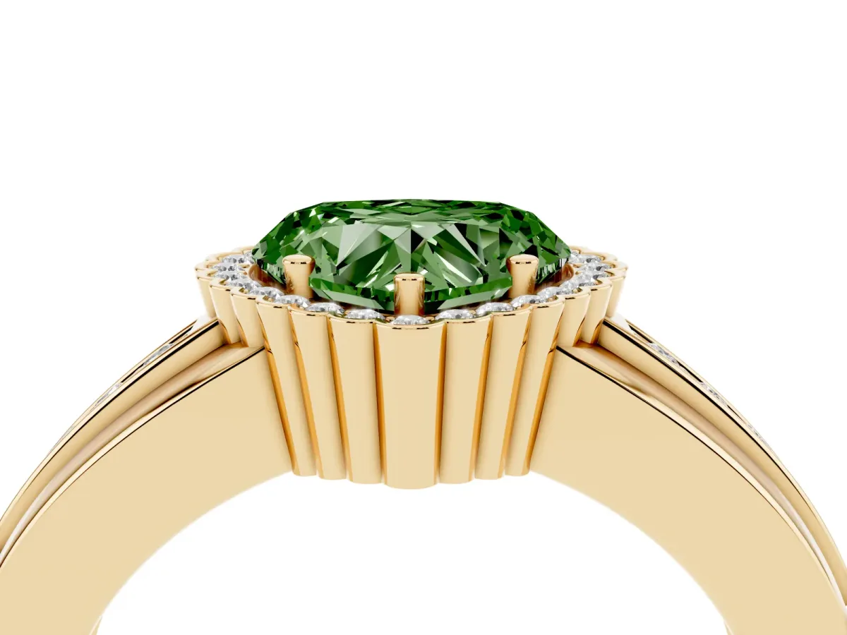 Fancy Green Heart Cut Cut Halo Pave Band Four-Prong Ring Yellow gold