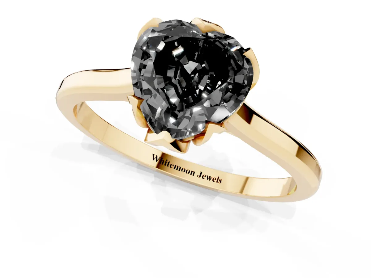 Fancy Black Heart Cut Diamond Solitaire Ring with Flower Prong Setting and Classic Band Yellow gold