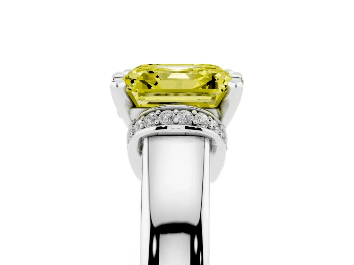 Fancy Yellow Asscher Cut Solitaire Diamond Ring with Pave Band and Six-Prong Setting Platinum