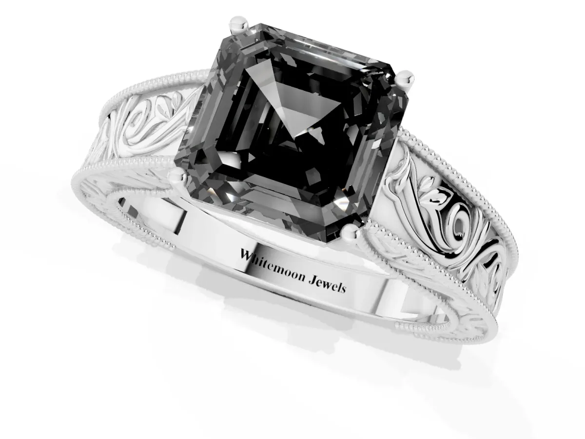 Fancy Black Asscher Cut Diamond Solitaire Ring with Engraved Band and Four-Prong Setting Platinum