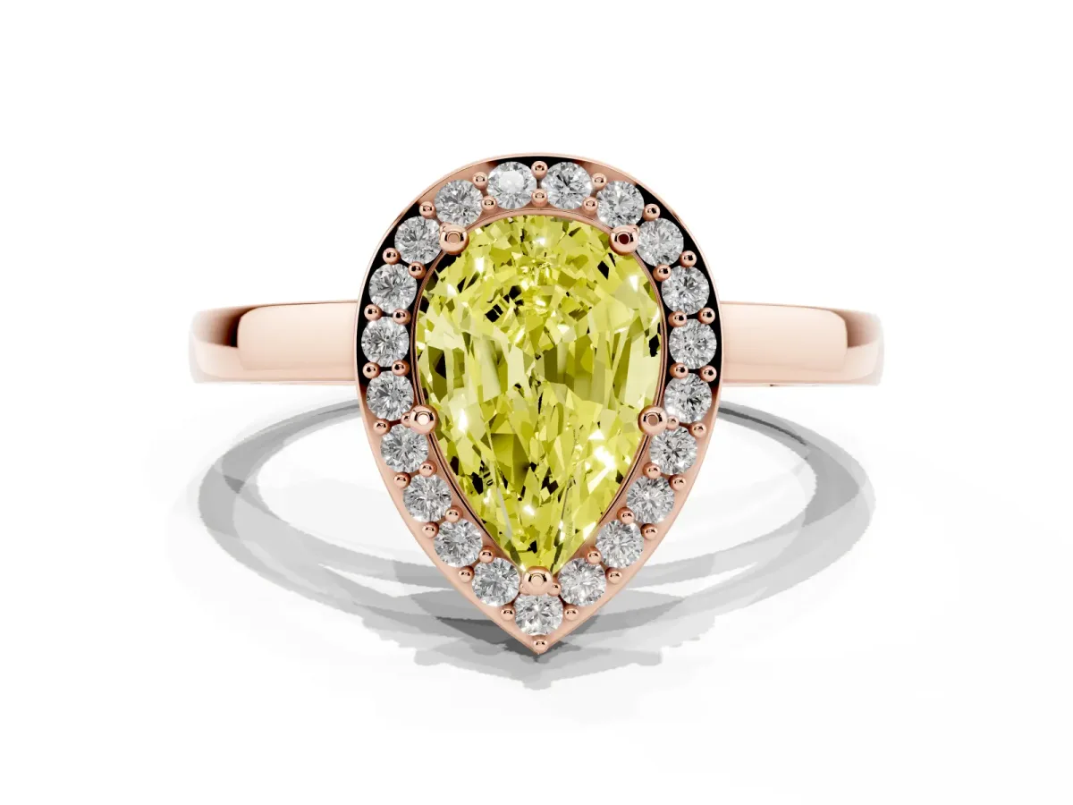 Fancy Yellow Pear Cut Halo Diamond Ring with Solitaire Band and Prong Setting Rose gold