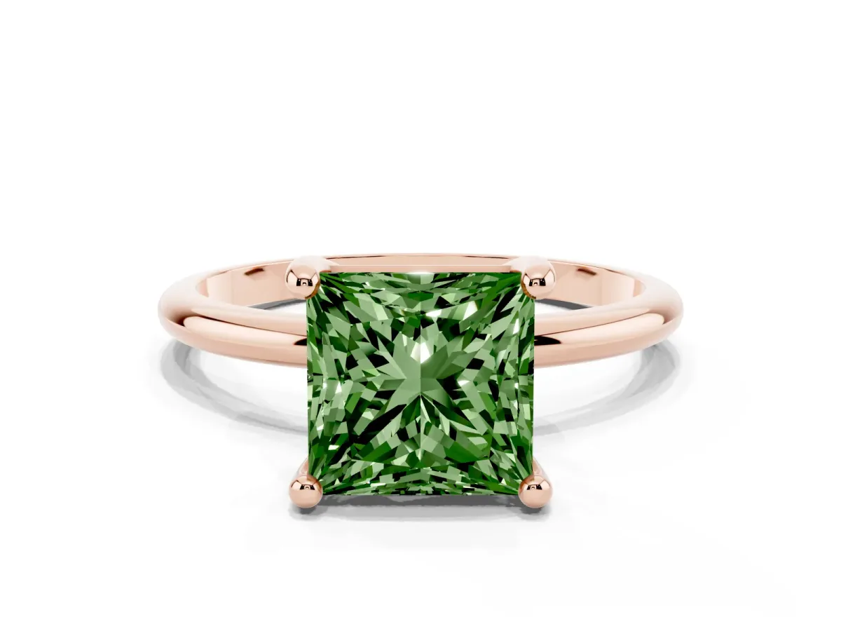 Fancy Green Princess Cut Solitaire Diamond Ring with 4-Prong Setting on a Classic Band Rose gold