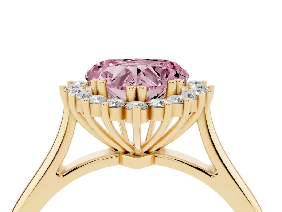 Fancy Pink Heart Cut Cut Diamond Halo Ring with Solitaire Band and Prong Setting Yellow gold