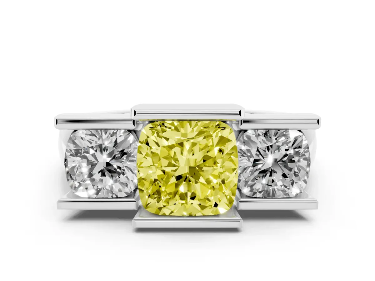 Fancy Yellow Three Stone Cushion Cut Cut Channel Set Diamond Ring Silver