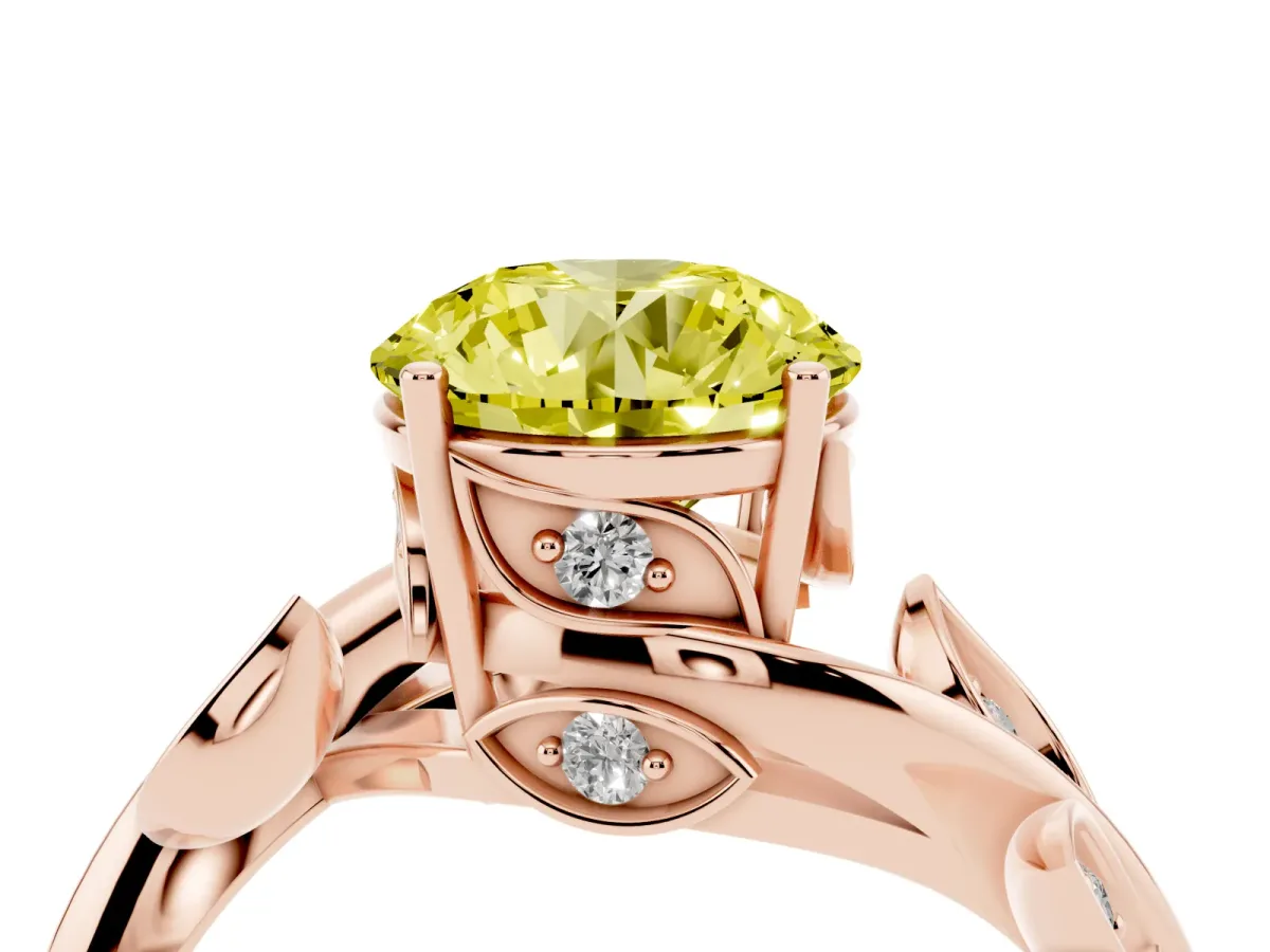 Fancy Yellow Round Cut Solitaire Twist Engagement Ring with Leaf Accents and Prong Setting Rose gold