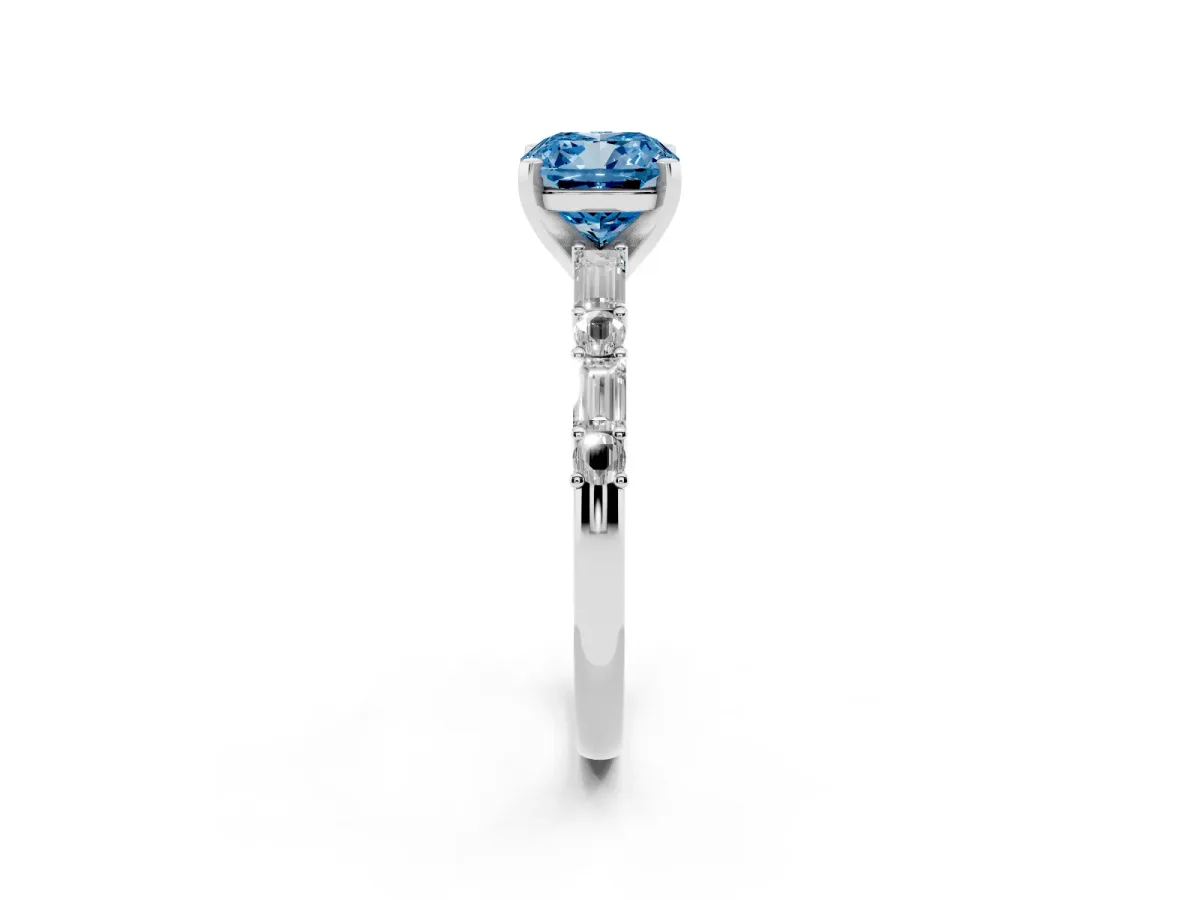 Fancy Blue Cushion Cut Diamond Solitaire with Side Baguettes and Channel Set Band Platinum
