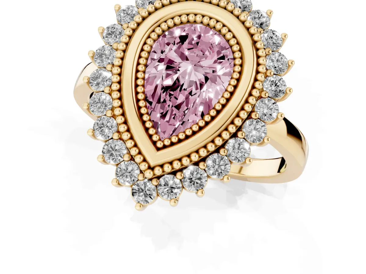 Fancy Pink Pear Cut Halo Diamond Ring with Milgrain Edge and Round Prong Setting Yellow gold