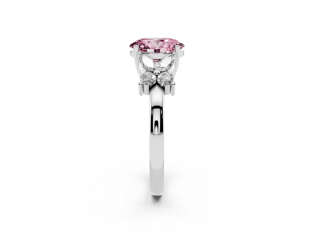 Fancy Pink Oval Cut Diamond Floral Cluster Ring with Solitaire Band and Prong Setting White gold