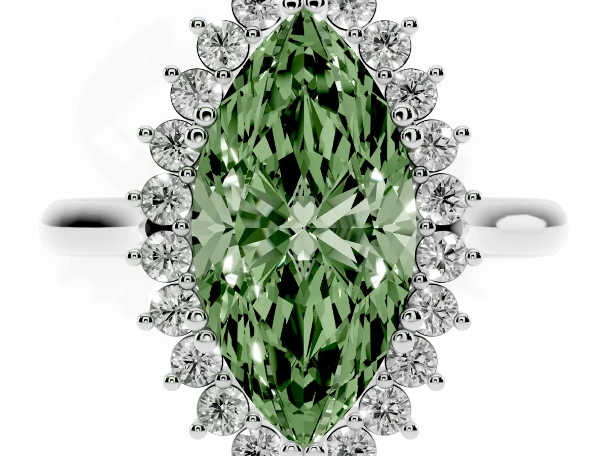 Fancy Green Marquise Cut Cut Diamond Halo Ring with Solitaire Band and Prong Setting Platinum