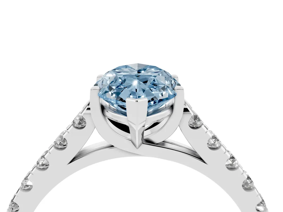 Fancy Blue Marquise Cut Diamond Pavé Band Solitaire Ring with Prong Setting Silver
