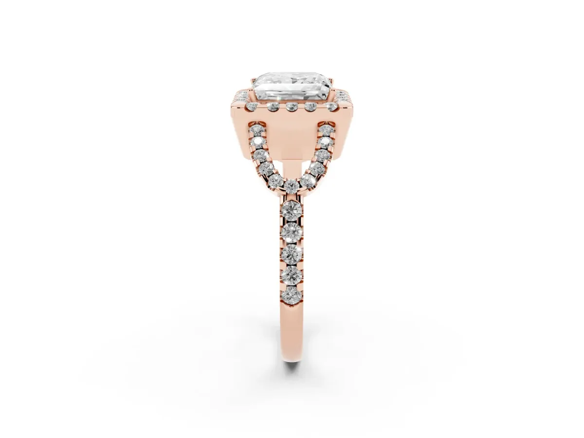 Princess Cut Cut Diamond Halo Engagement Ring with Open Split Pavé Band Rose gold