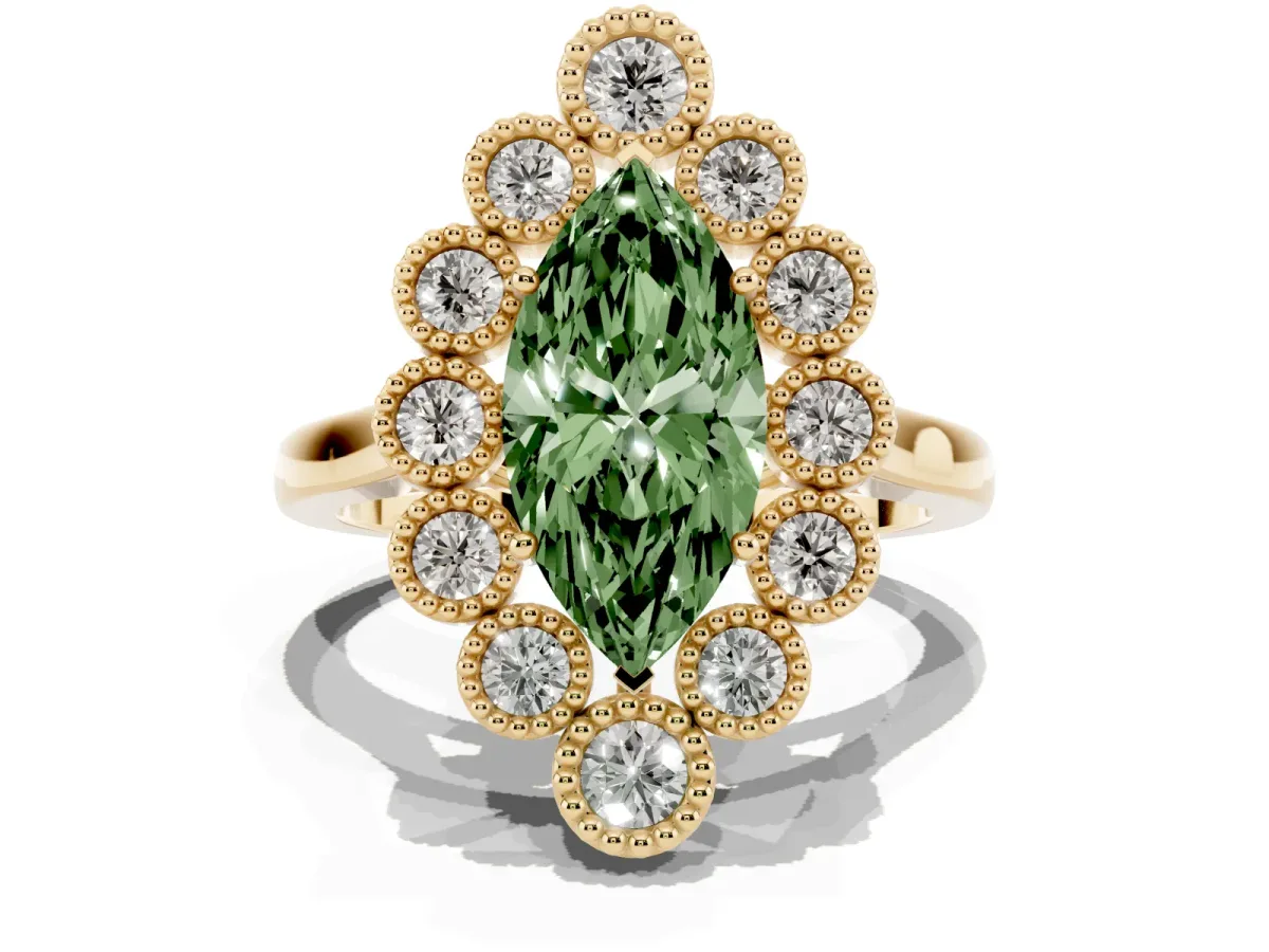 Fancy Green Marquise Cut Halo Diamond Cluster Engagement Ring with Milgrain Bezel Setting and Solitaire Band Yellow gold