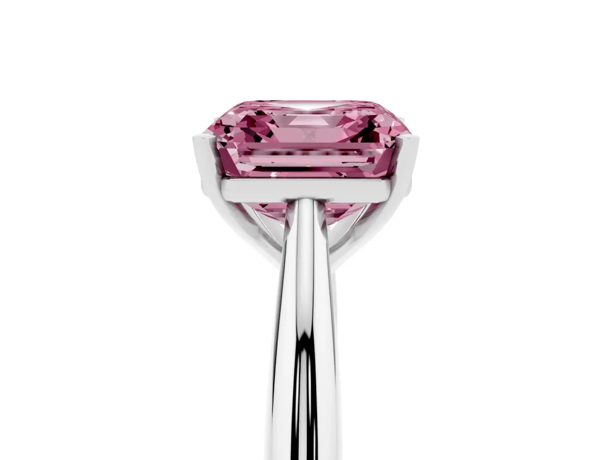 Fancy Pink Asscher Cut Diamond Solitaire Engagement Ring with Cathedral Setting and Four-Prong Mount Silver
