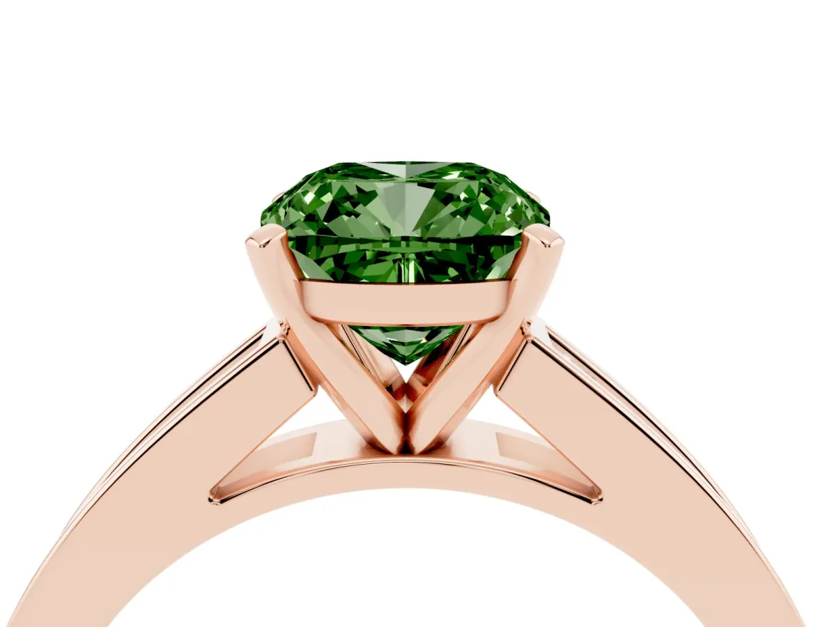 Fancy Green Cushion Cut Solitaire Diamond Ring with Channel-Set Band and Four-Prong Setting Rose gold