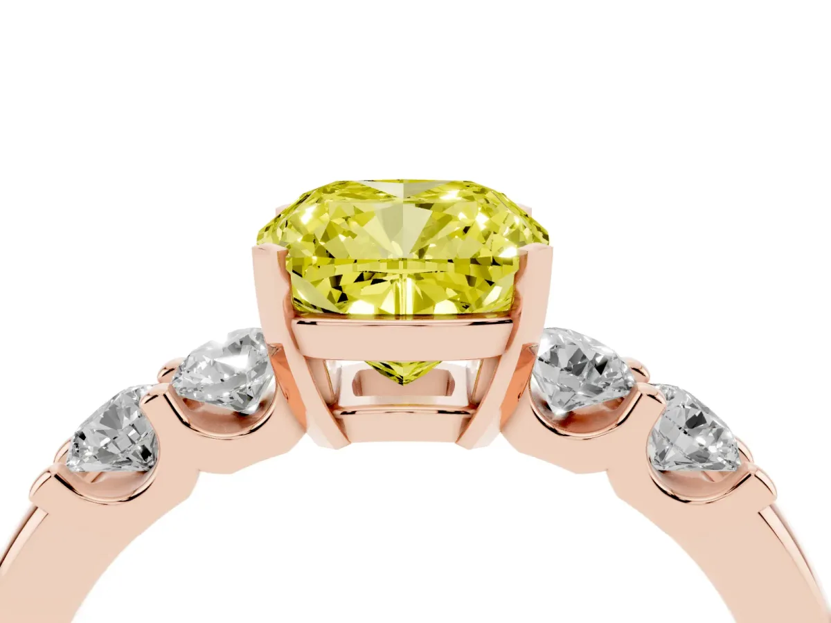 Fancy Yellow Cushion Cut Brilliant Cut Diamond Five-Stone Prong Set Engagement Ring with Channel Band Rose gold