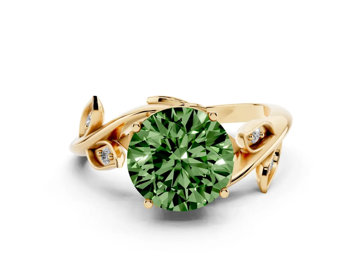Fancy Green Round Cut Solitaire Twist Engagement Ring with Leaf Accents and Prong Setting Yellow gold