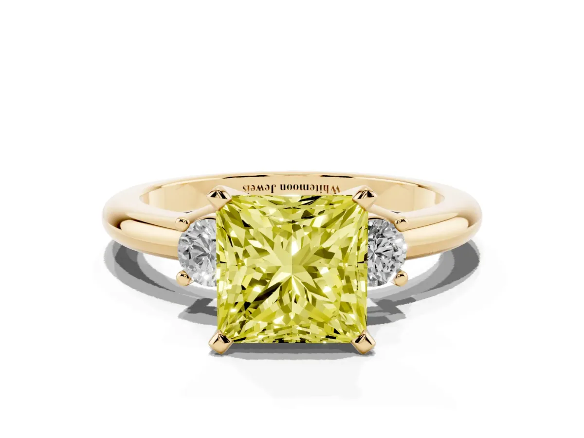 Fancy Yellow Three-Stone Princess Cut Cut Diamond Solitaire with Prong Setting and Classic Band Yellow gold