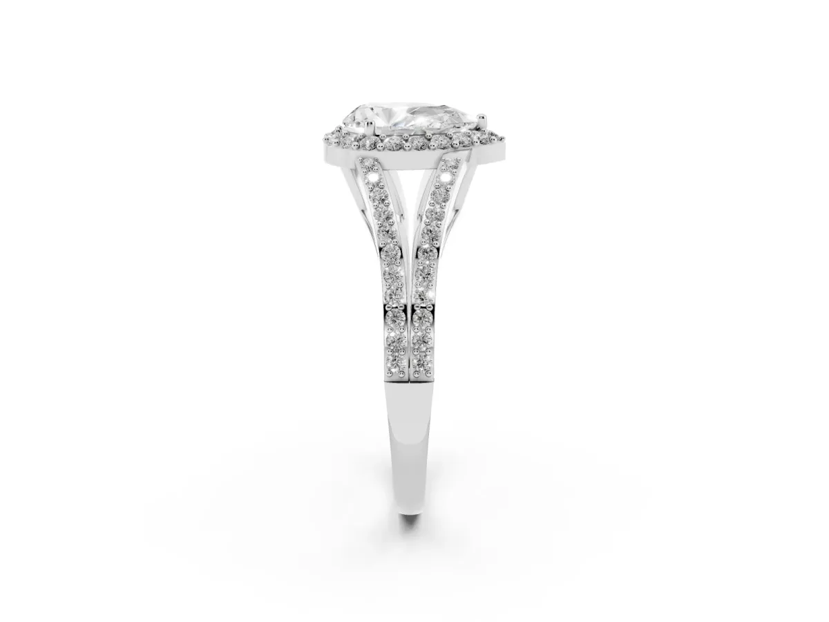 Pear Cut Halo Split Shank Pave Diamond Ring with Four-Prong Setting White gold