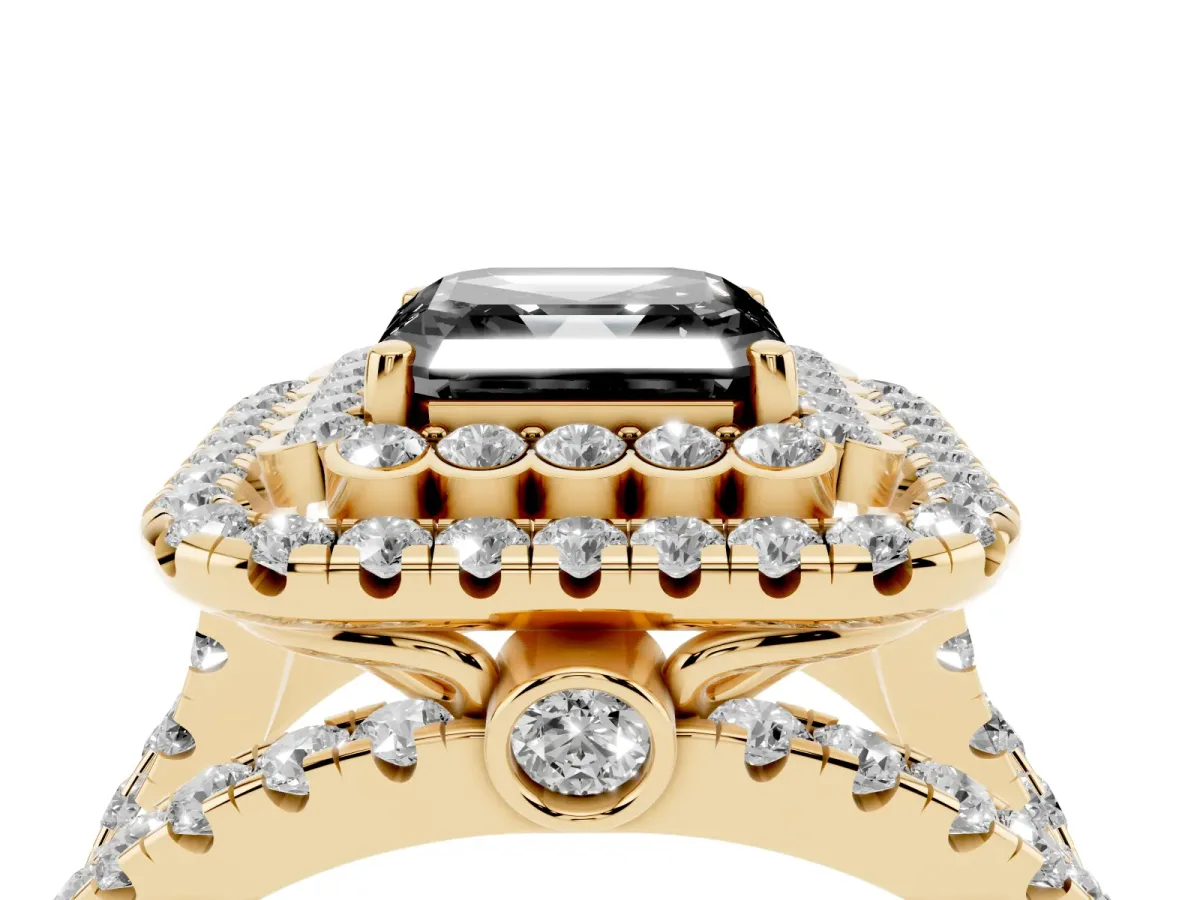 Fancy Black Asscher Cut Diamond Double Halo Ring with Round Pavé Split Shank and Prong Setting Yellow gold