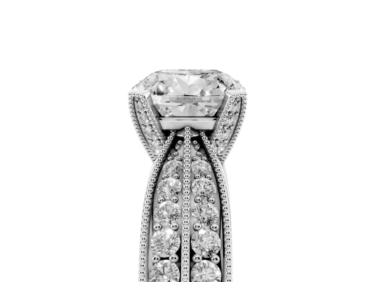 Cushion Cut Diamond Solitaire Ring with Milgrain Round Pavé Band and Prong Setting Silver