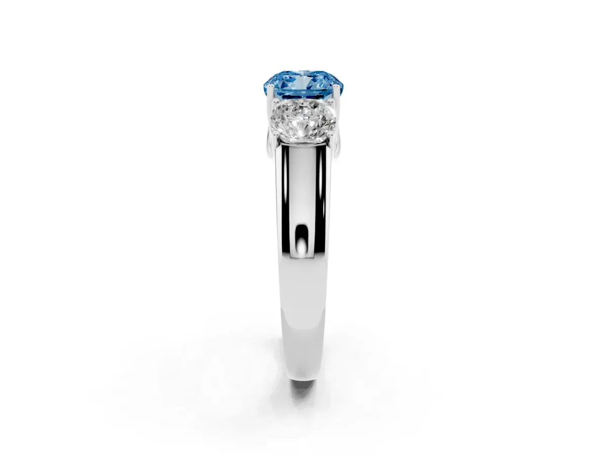 Fancy Blue Three-Stone Cushion Cut Cut Diamond Ring with Prong Setting and Classic Band Silver