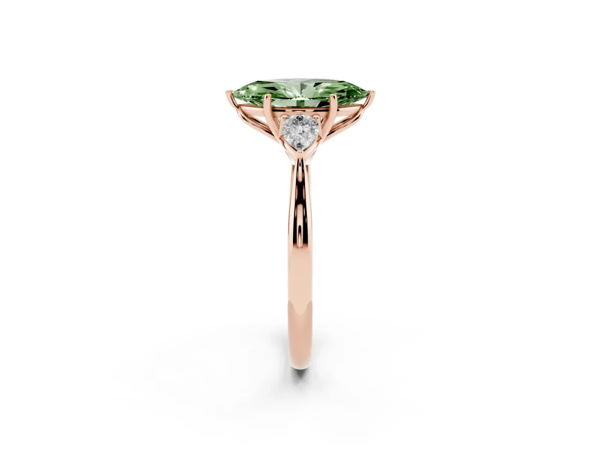 Fancy Green Three-Stone Marquise Cut Brilliant Diamond Solitaire Ring with Tapered Band and Four-Prong Setting Rose gold