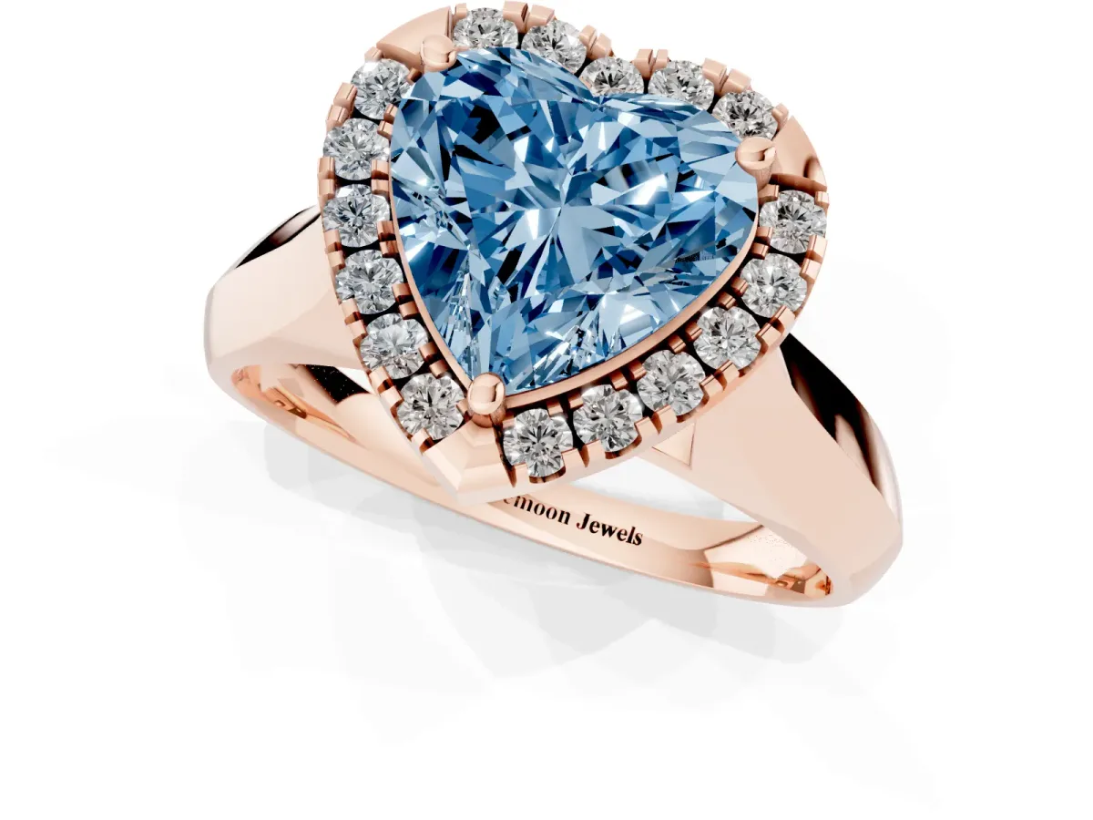 Fancy Blue Heart Cut Cut Halo Solitaire Engagement Ring with Square Band and Four-Prong Setting Rose gold