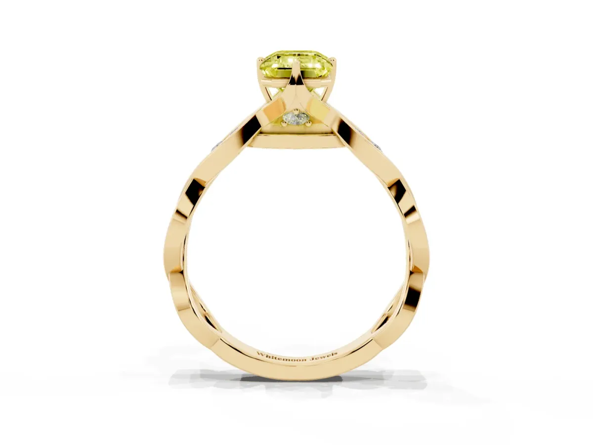 Fancy Yellow Emerald Cut Solitaire Twist Band with Leaf Prong Setting Yellow gold