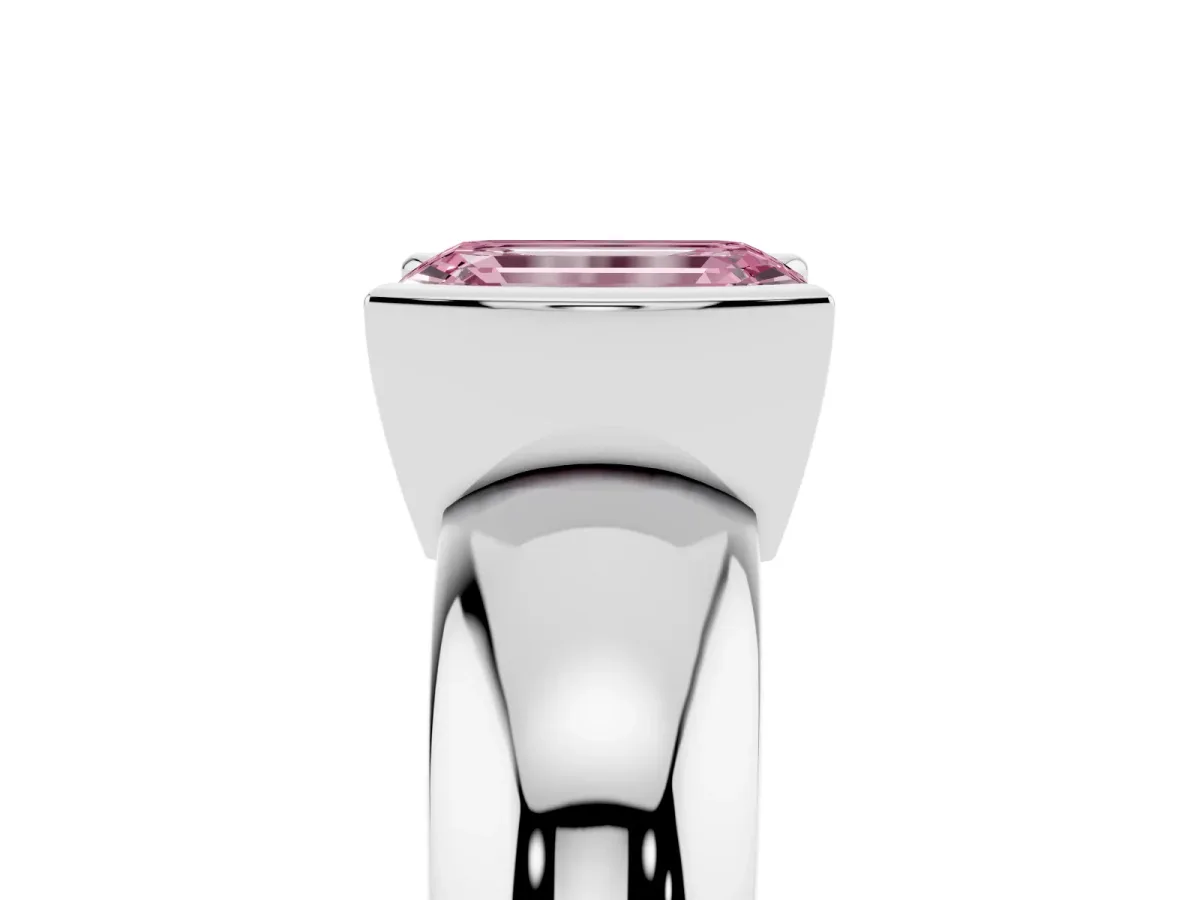 Fancy Pink Emerald Cut Solitaire Tension Set Diamond Ring with Wide Band White gold
