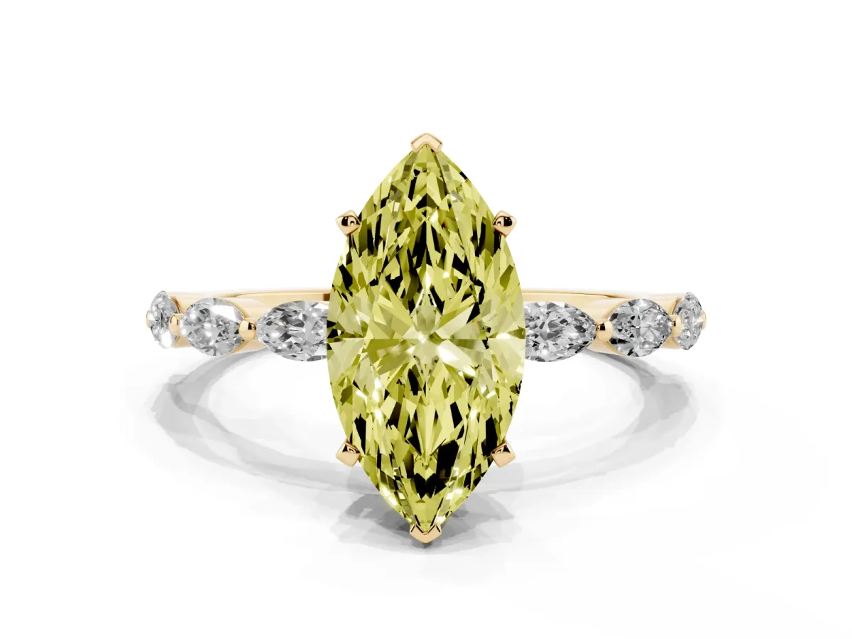 Fancy Yellow Marquise Cut Diamond Ring with Marquise Side Stones and Prong Setting Yellow gold