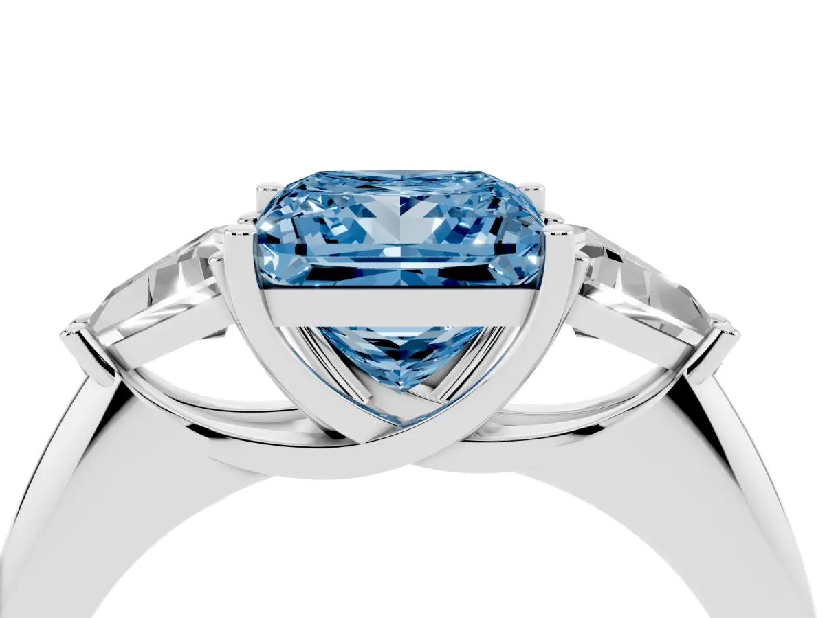 Fancy Blue Three-Stone Princess Cut Diamond Engagement Ring with Trillion Side Stones and Prong Setting Silver