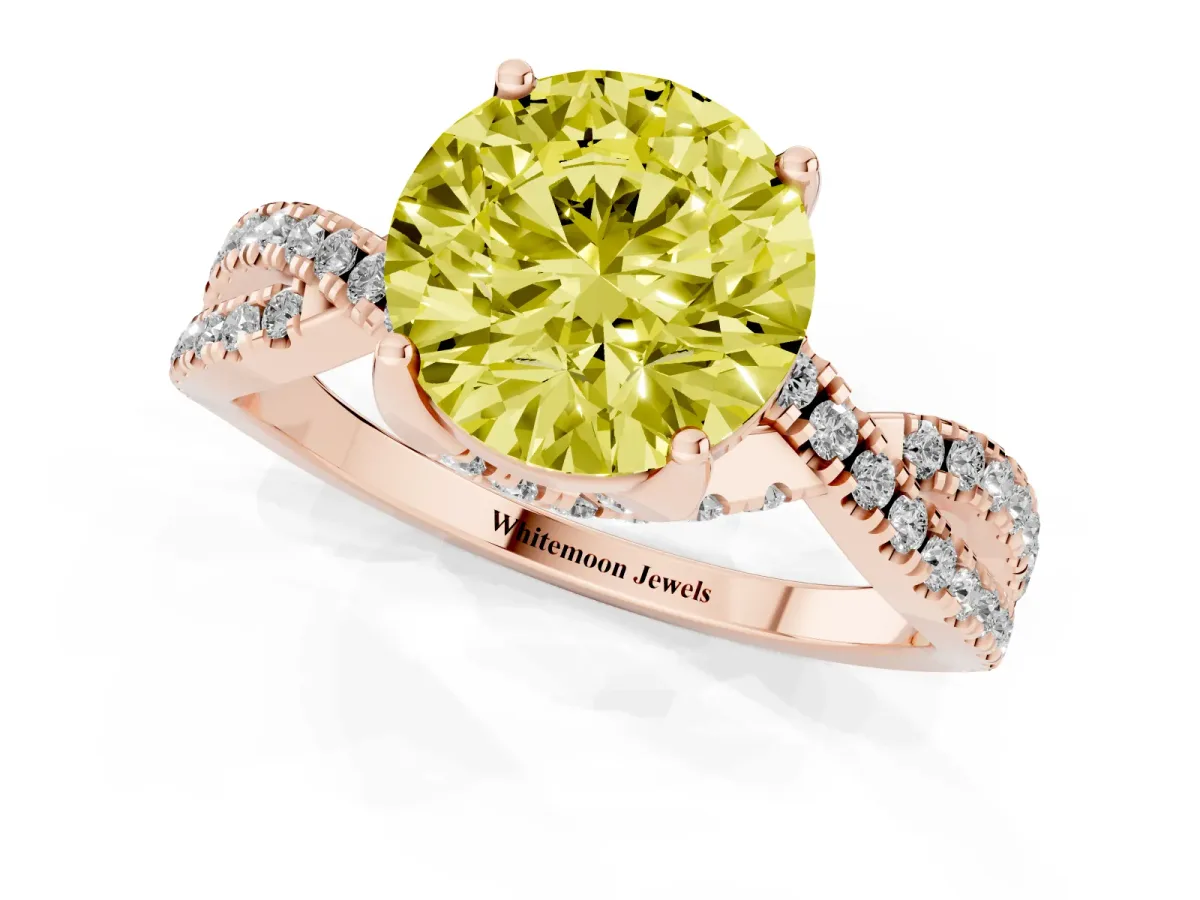 Fancy Yellow Round Cut Solitaire Twist Pave Diamond Engagement Ring with Prong Setting Rose gold