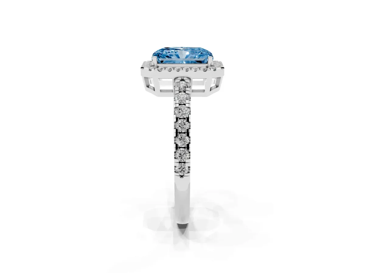 Fancy Blue Radiant Cut Diamond Halo Ring with Pavé Band and Four-Prong Setting White gold