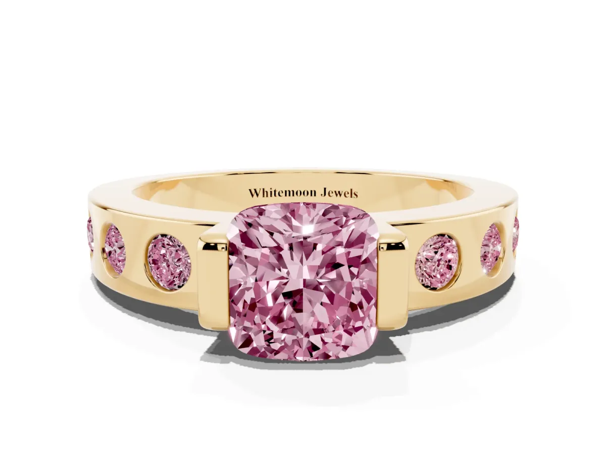 Fancy Pink Cushion Cut Brilliant Channel-Set Diamond Ring with Bezel Prong Setting Yellow gold