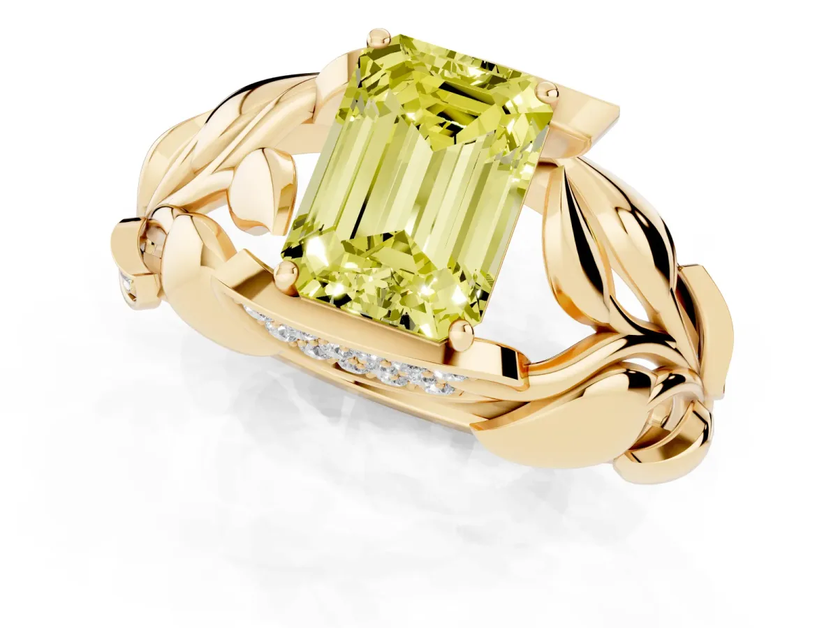 Fancy Yellow Emerald Cut Diamond Leaf-Inspired Engagement Ring with Round Accents and Prong Setting Yellow gold