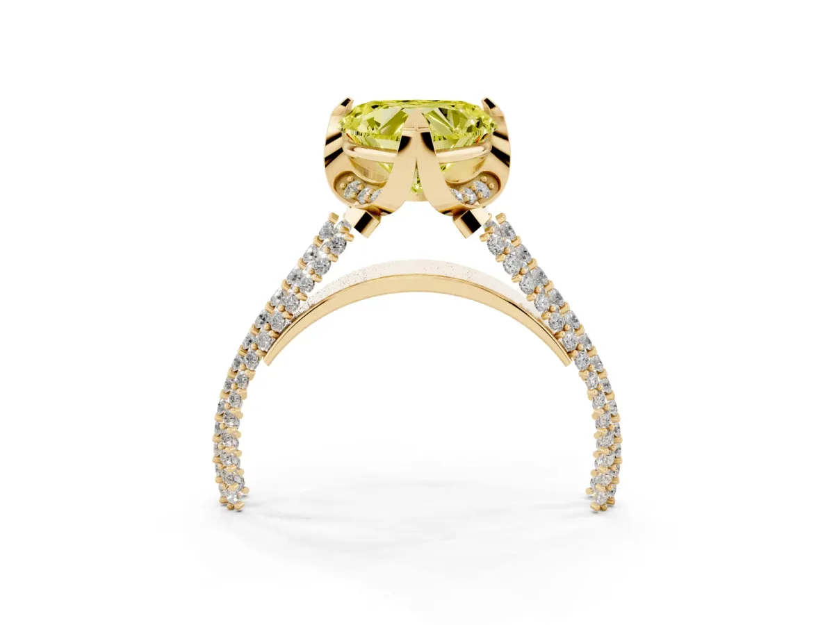 Fancy Yellow Heart Cut Solitaire Pave Split Shank Ring with Four-Prong Setting Yellow gold
