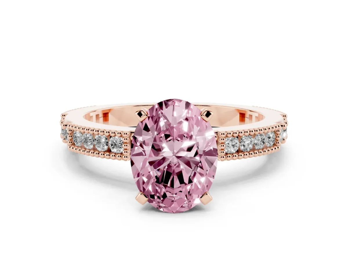 Fancy Pink Oval Cut Solitaire with Pavé Band and Four-Prong Setting Rose gold