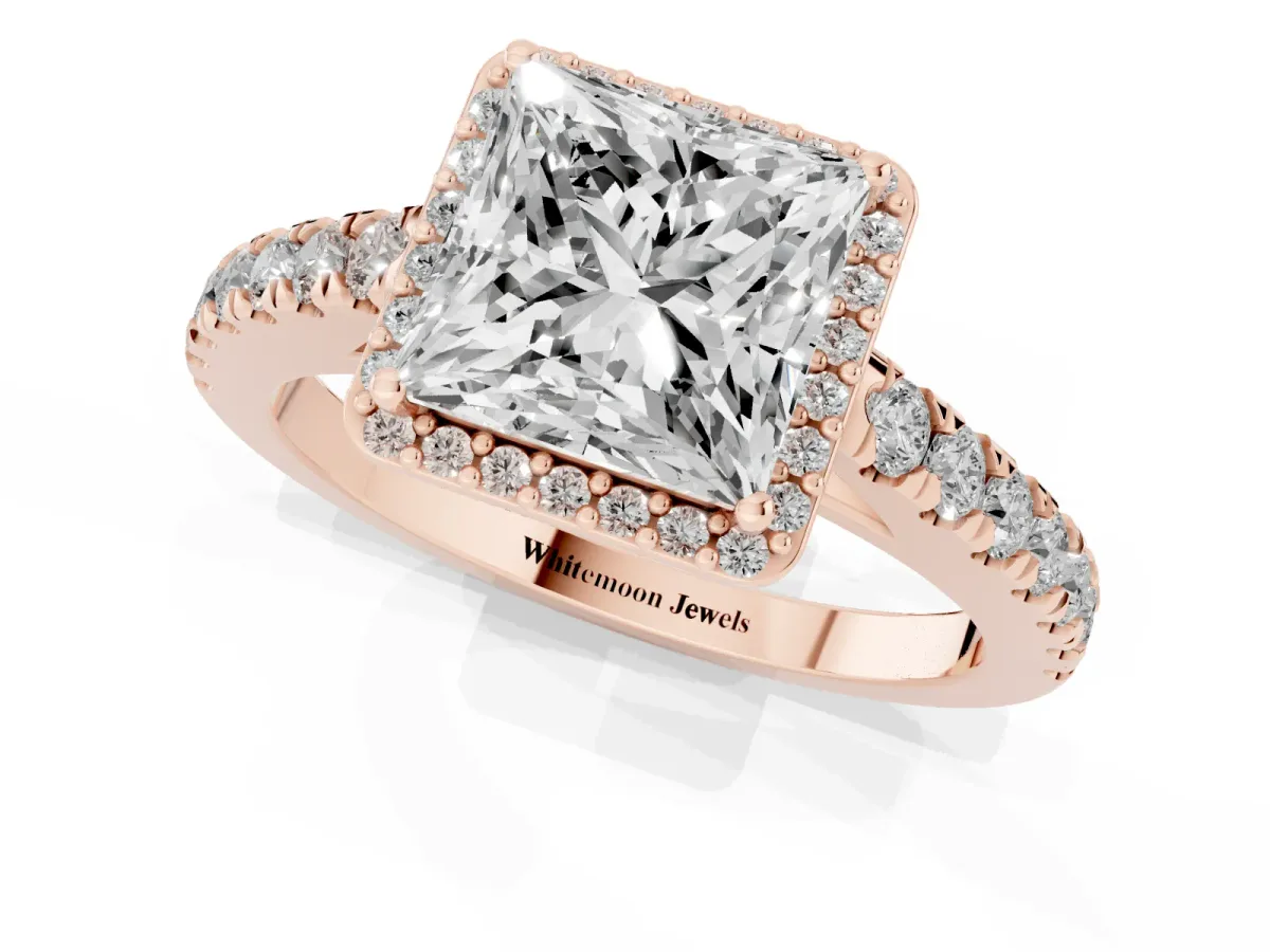 Princess Cut Cut Halo Diamond Engagement Ring with Pave Band and Four-Prong Setting Rose gold