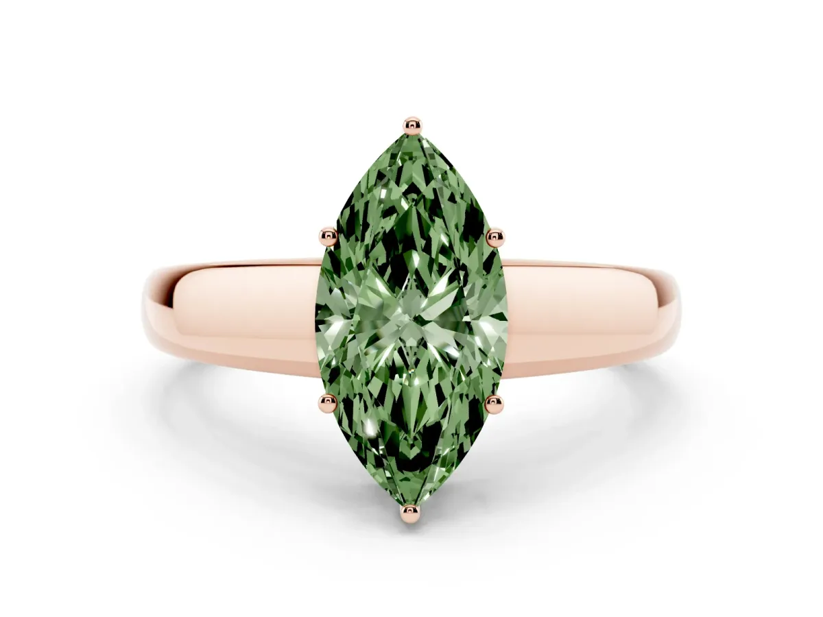 Fancy Green Marquise Cut Solitaire Diamond Ring with Tapered Band and Four-Prong Setting Rose gold