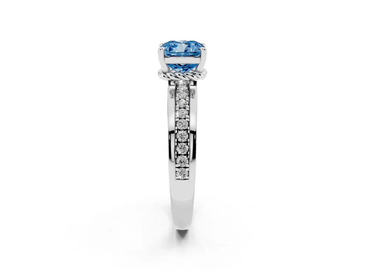 Fancy Blue Cushion Cut Solitaire Diamond Ring with Channel Set Band and Six-Prong Setting Platinum
