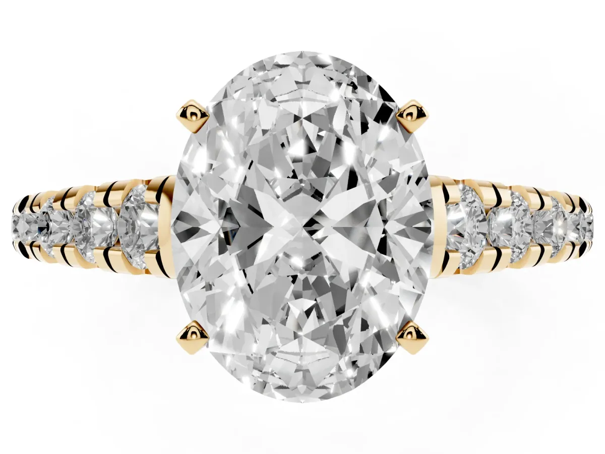 Oval Cut Diamond Cathedral Solitaire Ring with Round Pavé Band Yellow gold