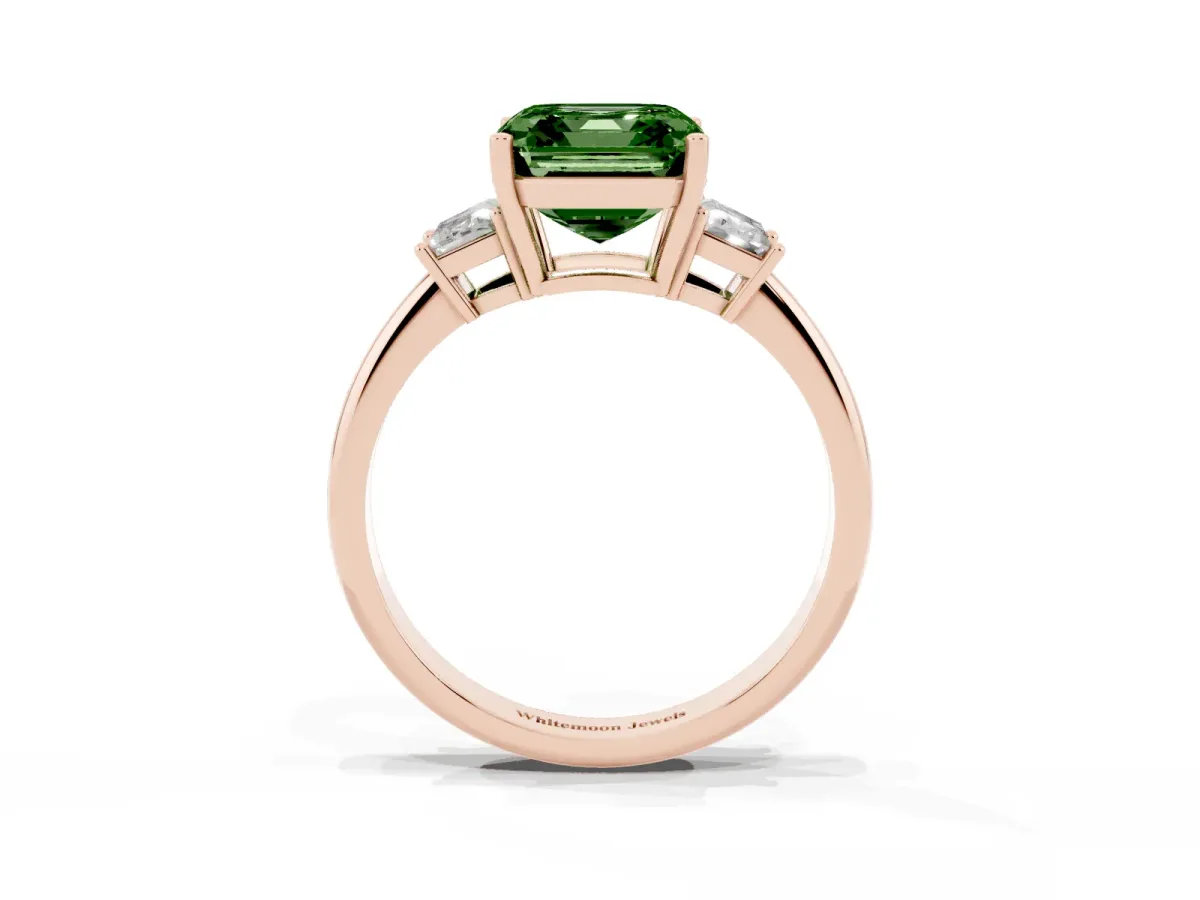 Fancy Green Asscher Cut Diamond Three-Stone Ring with Trapezoid Side Stones and Prong Setting Rose gold