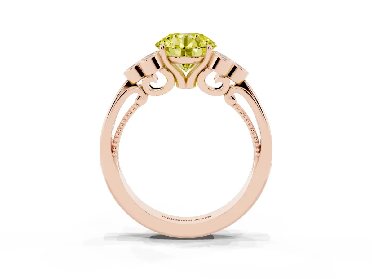 Fancy Yellow Round Cut Cut Diamond Engagement Ring with Bezel Set Round Side Stones and Prong Setting Rose gold