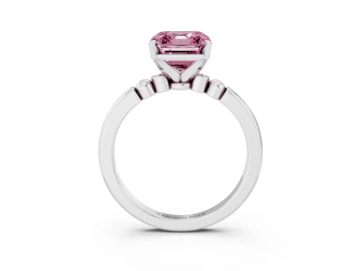Fancy Pink Asscher Cut Solitaire Beaded Band with Four-Prong Setting Silver